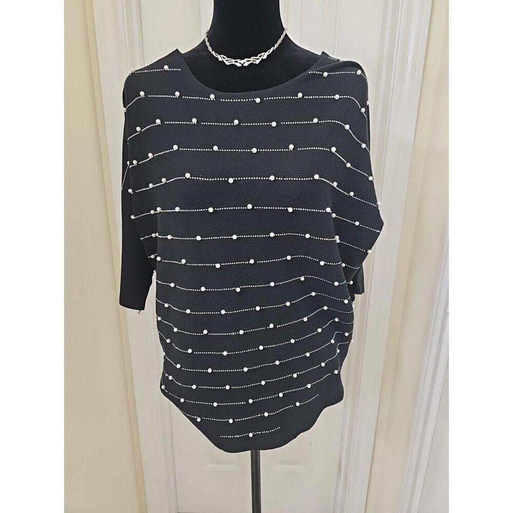 Luna Women's Oversized Sweater XL‎ Black Rhinestones And Pearls Pullover